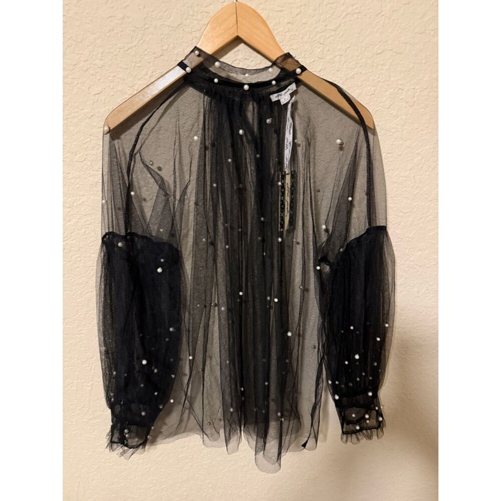 Ultra Flirt Black Sheer Pearl-Embellished Long-Sleeve Mesh Top 29" nwt